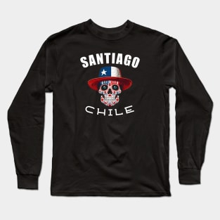 Santiago Chile Neon Sugar Skull Chilean Flag Style Graphic Long Sleeve T-Shirt